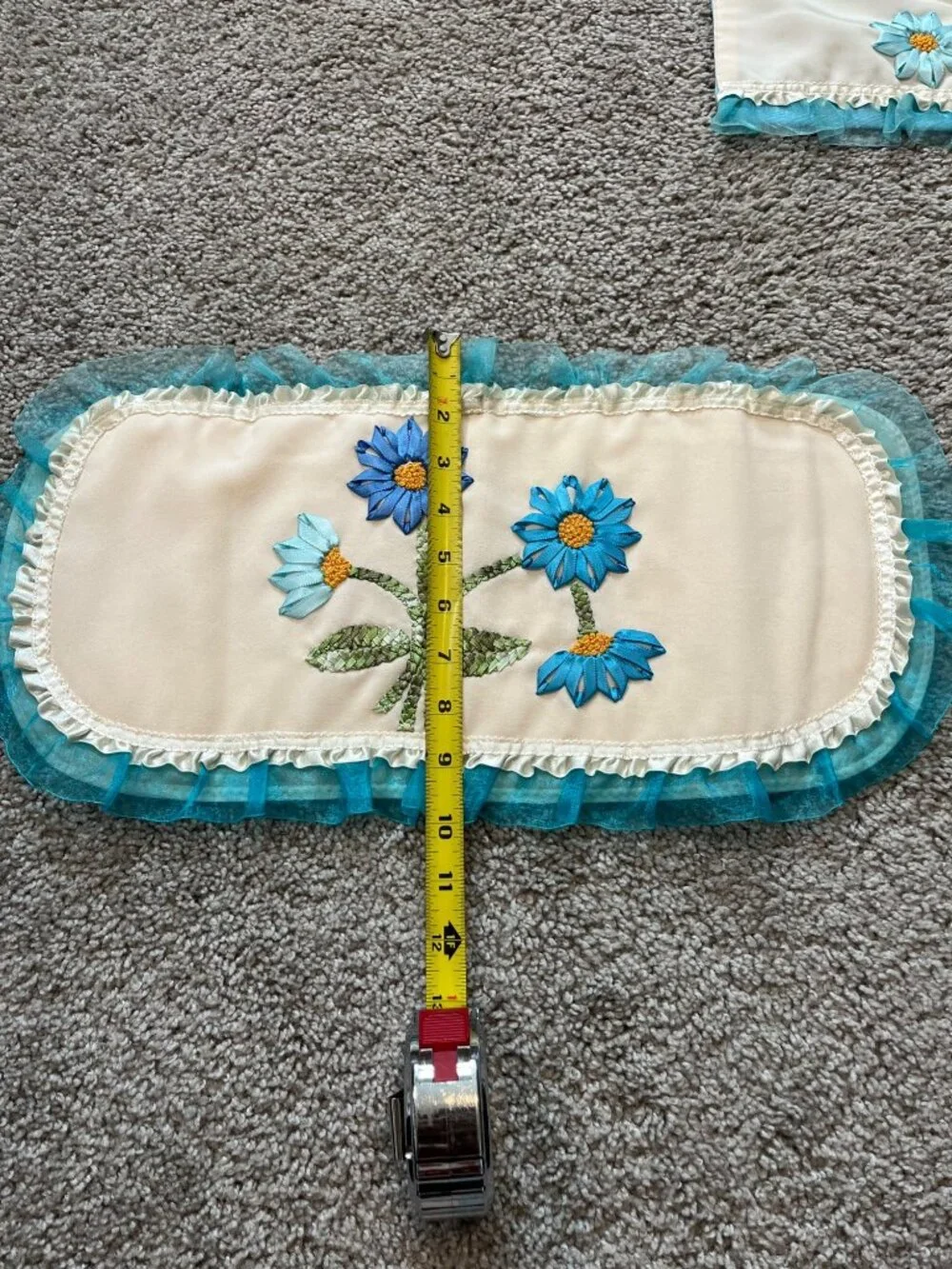 Vtg 3-Piece Bathroom Set Ribbon Embroidery Floral Ruffles Teal Blue Grannycore
